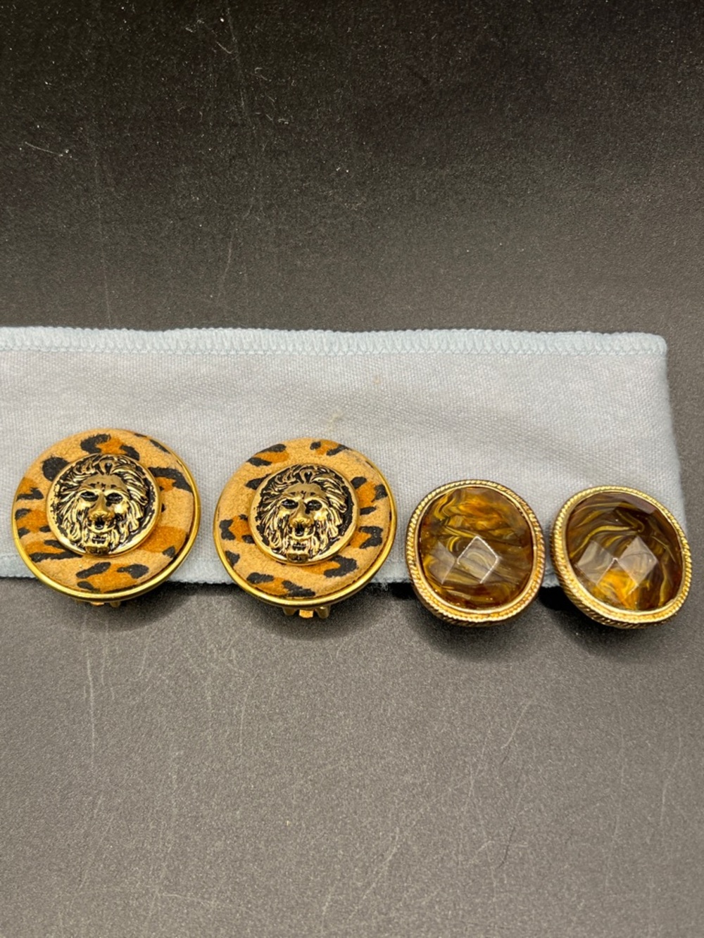 Vintage Gold-Tone Lion Head and Amber Resin Clip-On Earrings